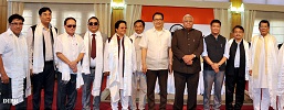 The Governor of Arunachal Pradesh Shri Tathagata Roy and Chief Minister Shri Pema Khandu with the New Cabinet Ministers of the State in Darbar Hall, Raj Bhavan, Itanagar on 3rd August 2016